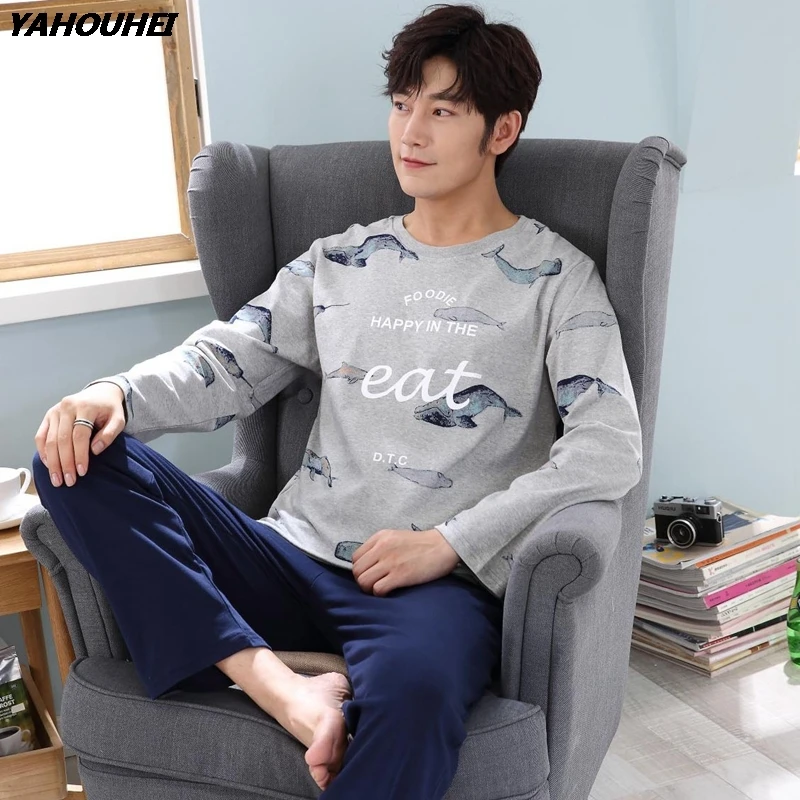 

High Quality Cotton Pajama Set For Men 2020 Autumn Winter Long Sleeve Cartoon Print Pyjama Male Loungewear Homewear Home Clothes