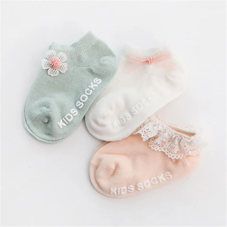 3 пар/упак., хлопковые носки по щиколотку для новорожденных нескользящие носки-тапочки для малышей Детские Цветочные Носки принцессы с объемным гофрированным бантом для девочек - Цвет: Model 1