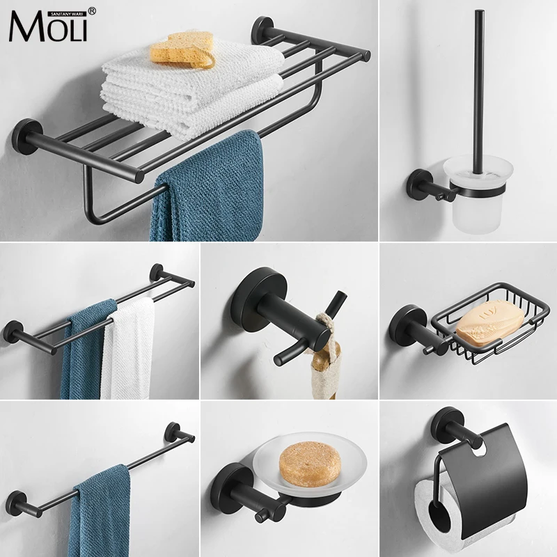 

Black Bathroom Hardware Set Stainless Steel Brushed Towel Rack Toilet Paper Holder Towel Bar Hook Bathroom Accessories ML1900B
