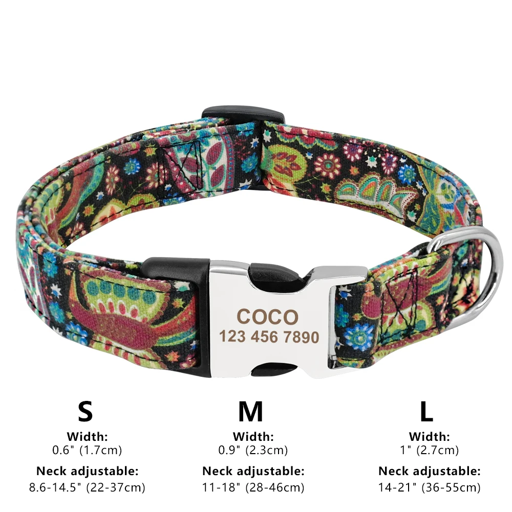 Custom Nylon Dog Collar Fashion Print Dog Collars Customized Puppy Pet Collar Engraved Name for Small Medium Large Big Dogs Pug 