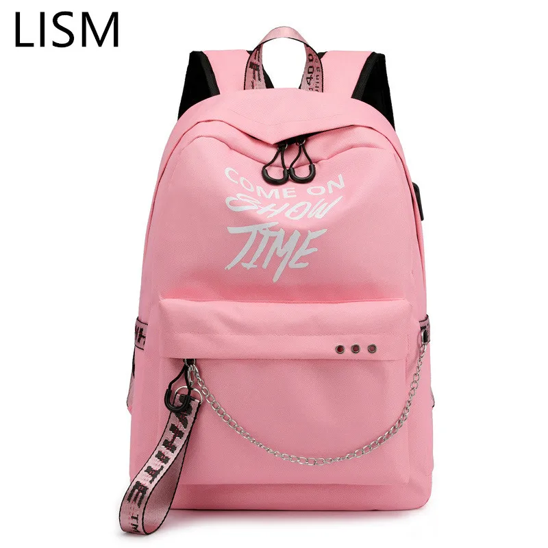 

LISM Winmax Luminous USB Charge Women Backpack Fashion Letters Print School Bag Teenager Girls Ribbons Backpack Mochila Sac A Do