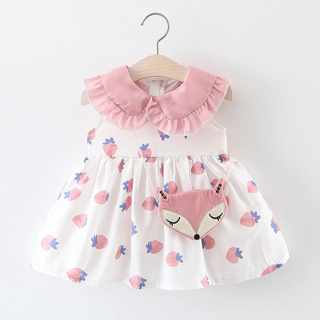 

Fashion Baby girl dress cotton o-neck regular Toddler Baby Kids Ruffles Strawberry Print Princess Dresses Bag Free shipping H4