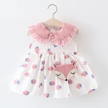 Модное платье для маленьких девочек; хлопковое платье принцессы с круглым вырезом, рюшами и принтом клубники; ; H4