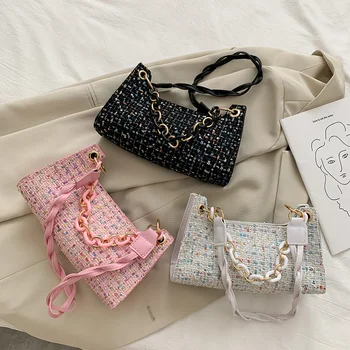 Tanie Jesień Zima Moda Wełniana Torebka Przenośne Kobiety łańcuch Akrylowy Tkany Pas Pod Pachami Torby Na Ramię Kobieta Travel Totes Sprzęgła