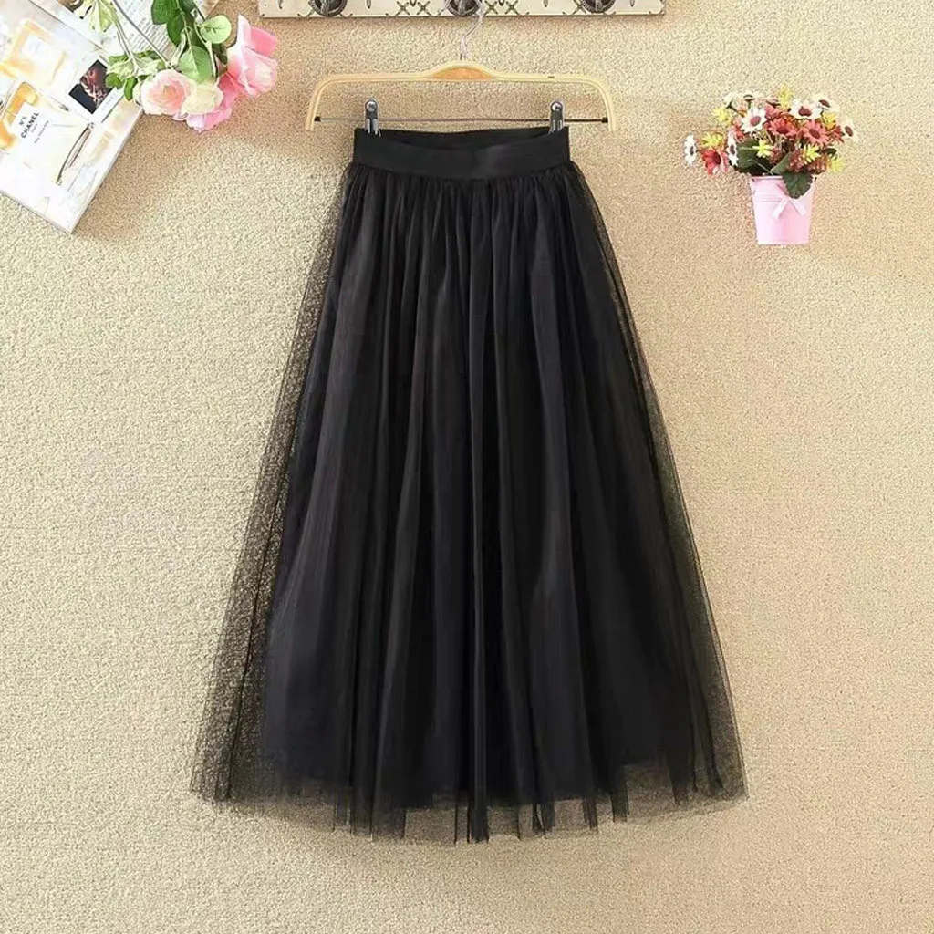 Fashion Womens Pleated Tulle Mesh Elastic High Waist Casual A-Line Long Skirts Dropshipping 2020 winter fashion Retro trend size