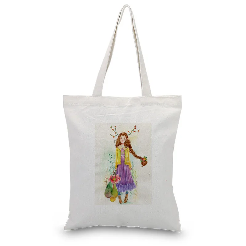 Мультяшная девушка Холст Tote сумки на плечо сумки повседневное использование хозяйственная сумка пользовательский принт логотип DIY эко многоразовая утилизация