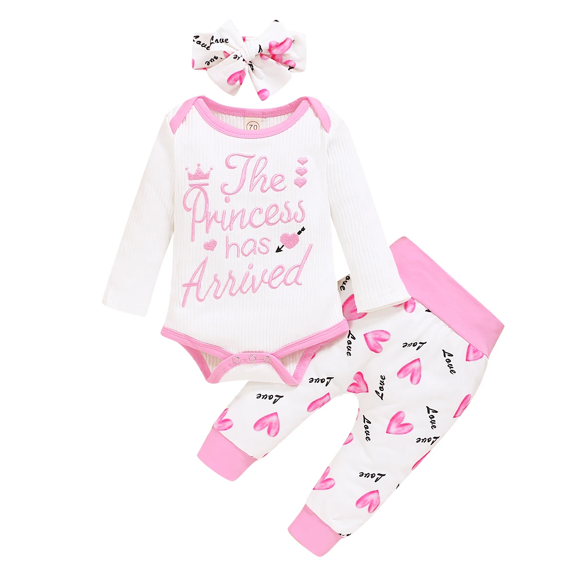 

OPPERIAYA Three Piece Baby Girls Clothes Special Letter Long Sleeve Jumpsuit and Love Heart Long Pants with Headband