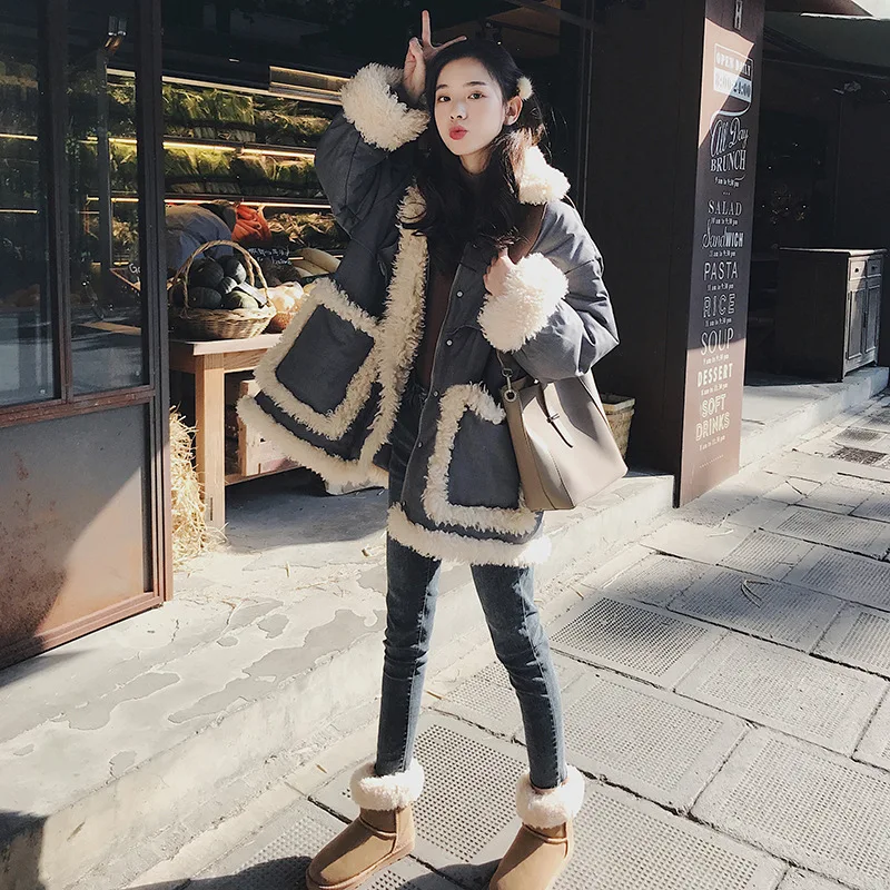 

Hot Selling Lambs Wool Joint Cotton Coat Women's Mid-length Korean-style 2019 Winter New Style Loose Thick Cotton Overcoat Hong