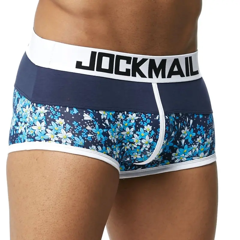 JM433-Blue Бренд JOCKMAIL, мужские боксеры, хлопковое сексуальное мужское нижнее белье, боксеры с u-образной выпуклой сумкой, трусы с принтом листьев, Сетчатое дышащее нижнее белье для геев - Цвет: JM433-Blue