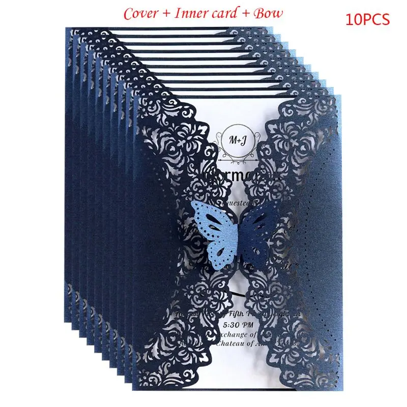  10pcs/set Glitter Laser Cut Lace Wedding Invitation Cards With Butterfly Bow For Wedding Bridal Sho - 4000389159376