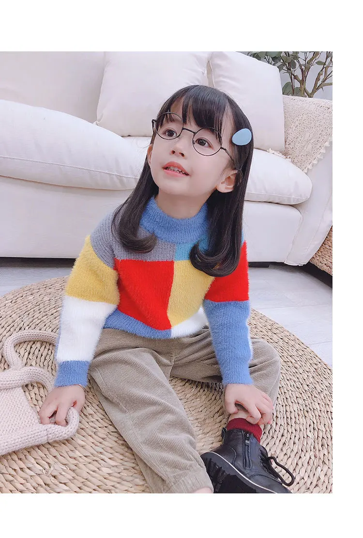 Свитер для девочек, осенняя одежда, корейский стиль, западный стиль, Детский свитер с разноцветной мозаикой, универсальные топы для маленьких девочек
