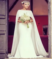 Simple Long Cape Mermaid Wedding Dresses 2021 Elegant Soft Satin Bateau Bridal Gowns Arabic Dubai Muslim Robe De Mairee