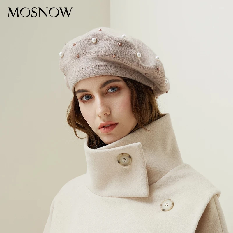 Women Berets Pearl Decoration Hat Female Rabbit Hair knitted Caps 2020