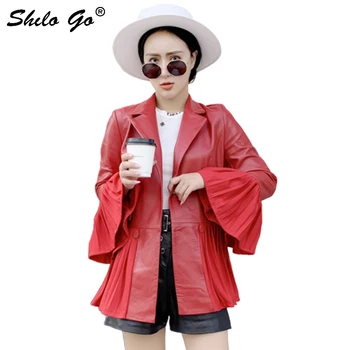 

Genuine Leather Blazer Highstreet Notched Neck Flare Sleeve Button Front Pleated Hem A Line Sheepskin Coat Women Casual Outwear