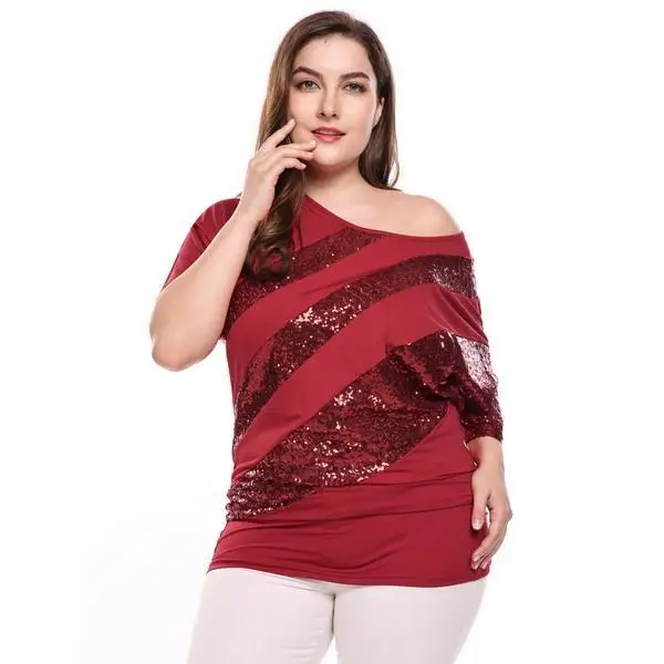 Новинка, женская футболка размера плюс L-XXL, повседневный летний пуловер с круглым вырезом и рукавом средней длины, с блестками, из кусков, эластичный, два способа, пуловер, футболка, топы