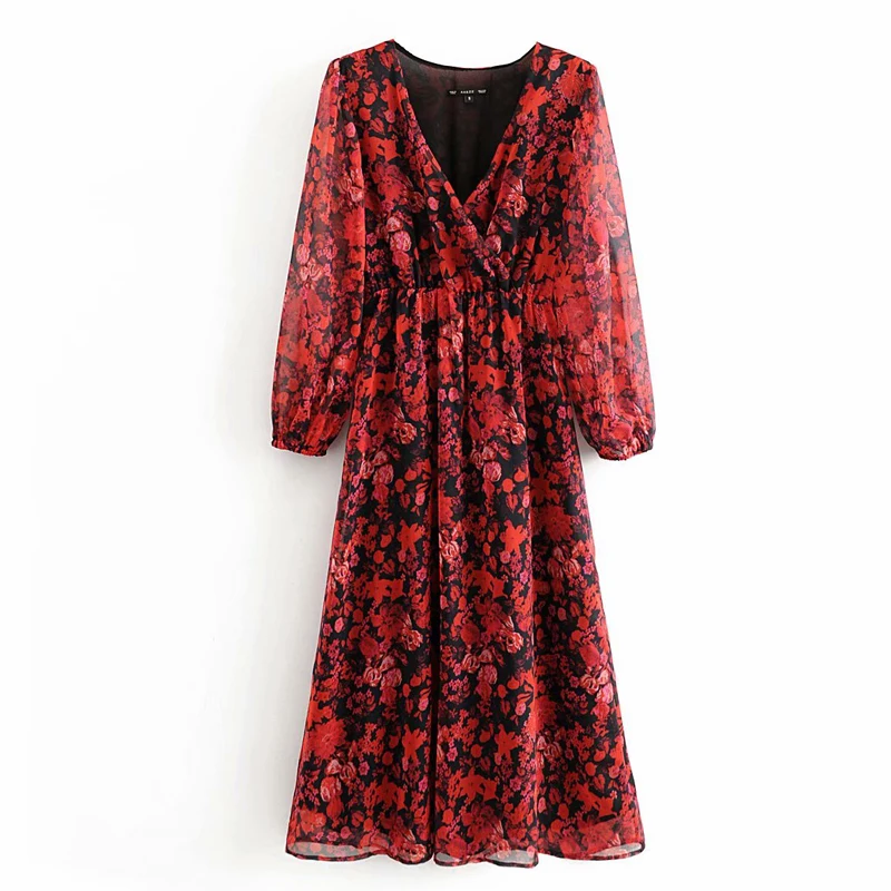 

Elina Chinese Style V Neck Dresses Women Fashion Printed Dress Women Elegant Long Sleeve Ankle Length Dresses Female Ladies LAD