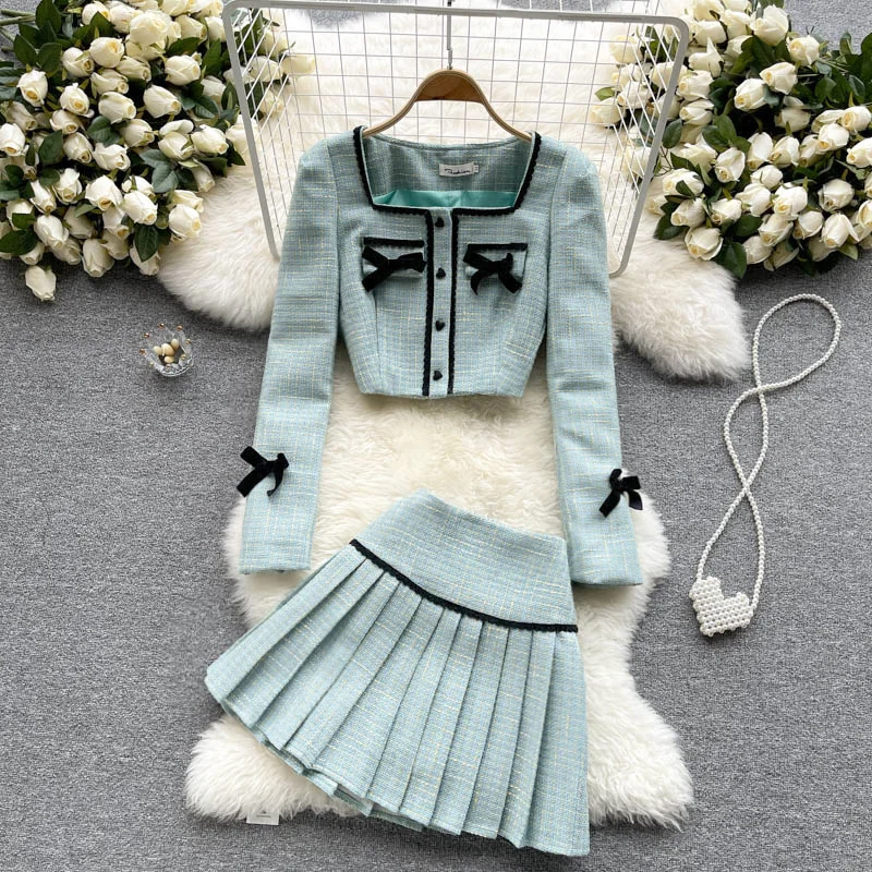 

High Quality Fall Winter Tweed Two Piece Set Women Sweet Bowknot Crop Top Jacket Coat + Mini Pleated Skirt Suits Ensemble Femme