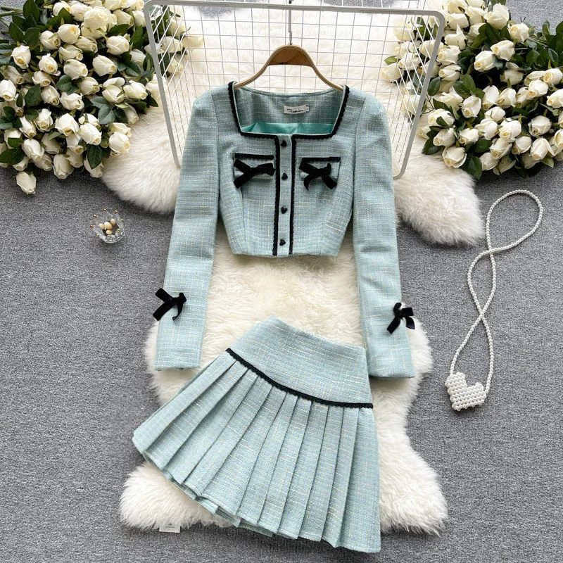 ladies coat pant suit High Quality Fall Winter Tweed Two Piece Set Women Sweet Bowknot Crop Top Jacket Coat + Mini Pleated Skirt Suits Ensemble Femme white pant suit set Suits & Blazers