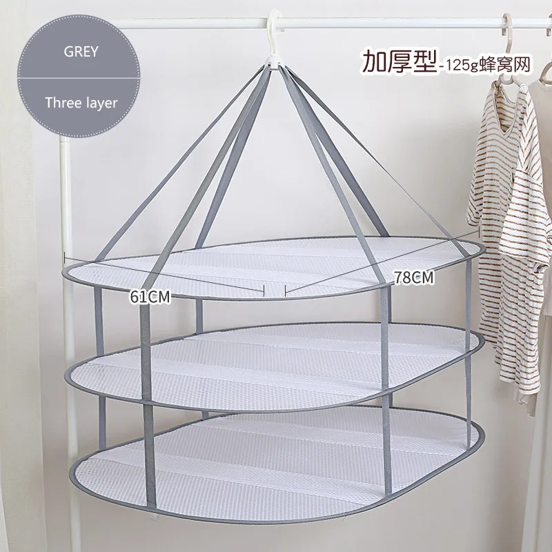Rectangle-3 Layer 1/2/3 Layer Clothes Drying Nets Foldable Drying Basket Windproof Hanging Laundry Dryer Mesh Drying Rack Net Sweaters Hange Socks - Color: Rectangle-3 Layer