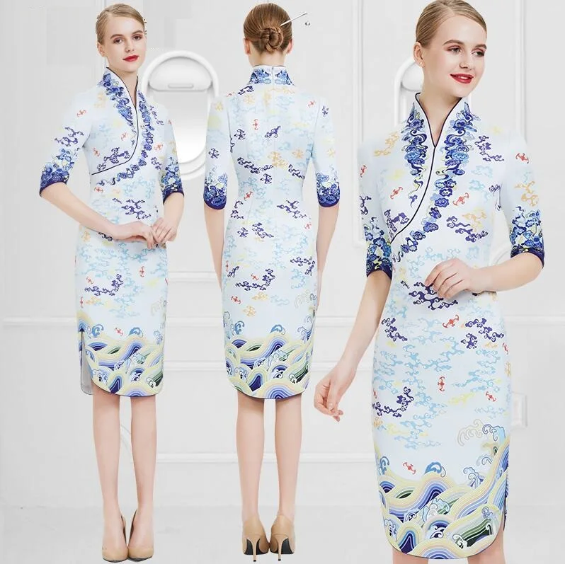 Stewardess uniform professionele pak vrouwen zomer mode hotel receptie high-end cheongsam jurk 3/4 mouw werkkleding