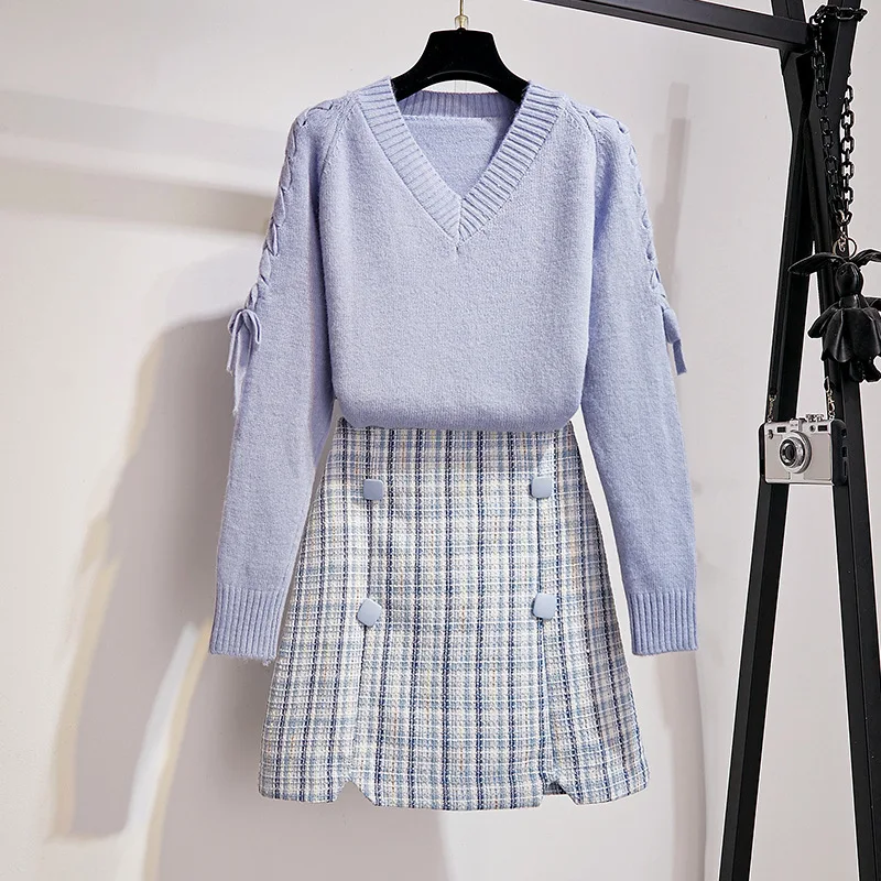 

Paris Girl Korean Knit Sweater Two Piece Set Women Autumn Winter 2 Piece Suit Vintage Long Sleeve Pullover Female Mini Skirt Set