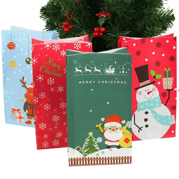 

10pcs Christmas Paper Gift Bag Snowman Santa Claus Deer Print Food Candy Chocolate Cookies Bag Xmas Party Decorations For Home