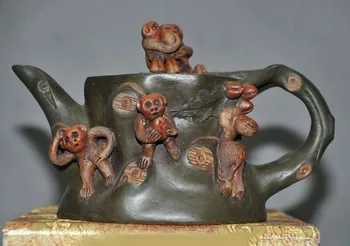 

wedding decoration 4"Old China Yixing ZiSha Pottery Zodiac animal monkey leaf Teapot tea set