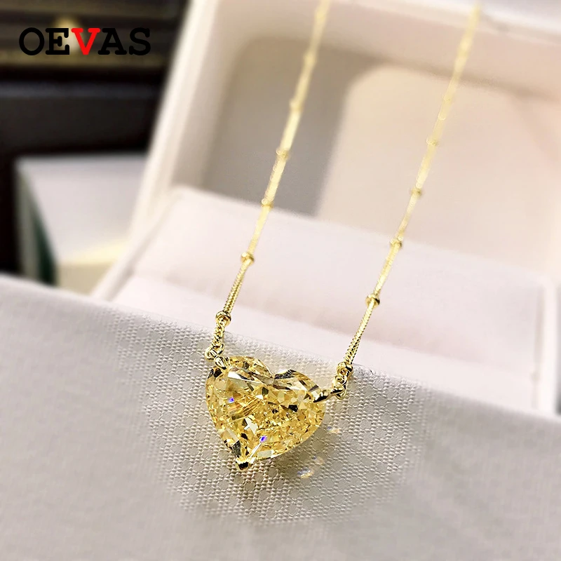 OEVAS 100% 925 Sterling Silver Heart Shape Pink Yellow 5A Zircon Pendant Necklace For Women Wedding Party Fine Jewelry Gifts | Украшения и