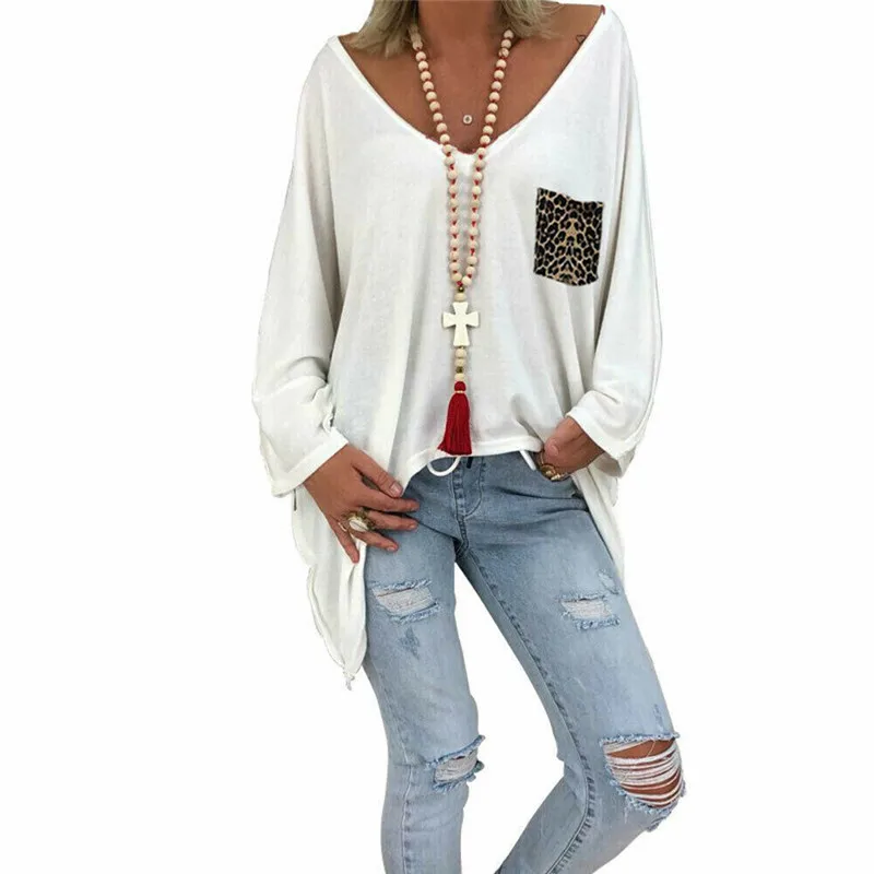 

2019 Casual Loose Women Leopard Pocket Tops Long Sleeve Pullover Blouse Shirts Autumn All-Matching Ladies V-Neck Baggy Shirts
