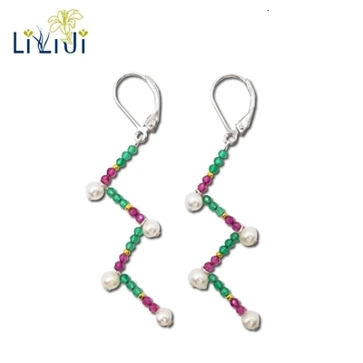 Lily ювелирные изделия зеленый оникс, лабораторные рубины, пресноводные жемчужные 925 пробы Серебряные длинные серьги женские модные ювелирные изделия - Окраска металла: Leaveback