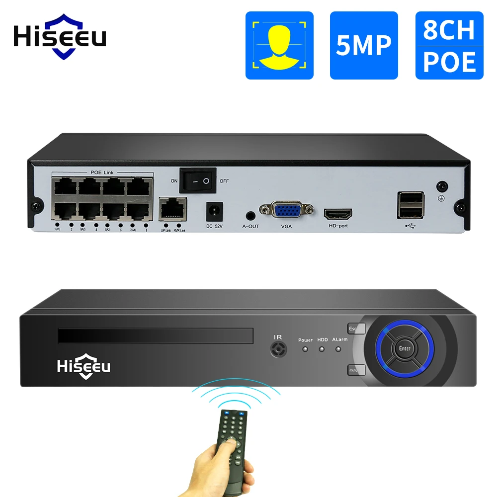 Hiseeu-NVR POE de vigilancia de seguridad, grabadora de vídeo de red de detección facial, H.265, 4CH/8CH, HD, 1080P, 4MP, 5MP, POE, IP, NVR, AI