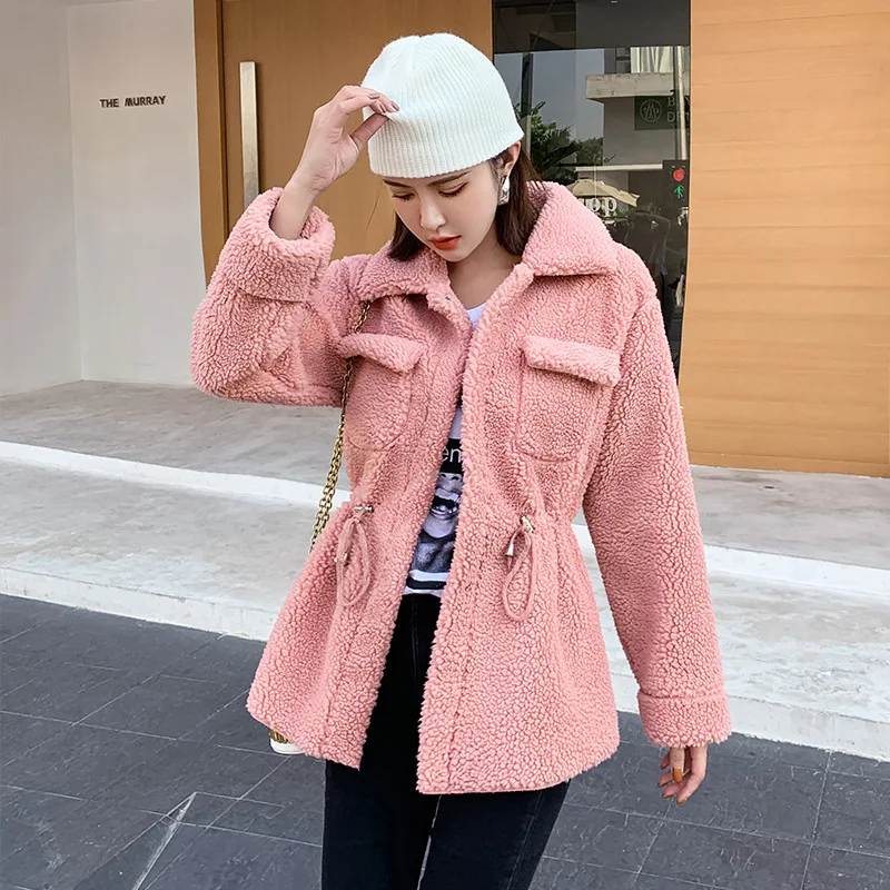 

2019 Winter New Style Lambs Wool Thick Fur ke li rong Waist Hugging Slim Fit down Jacket Coat Women's INS