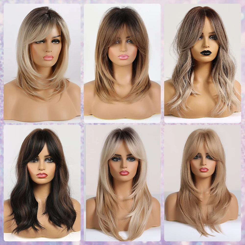 JONRENAU Long Natural Synthetic Straight Layered Hairstyle Wig Black Ombre Brown To Blonde Wigs for Black Women with Bangs Hair