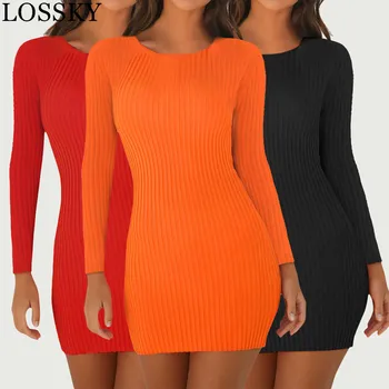 

Ribbed Knitted Sexy Bodycon Mini Dress For Women Casual O Neck Long Sleeve Autumn Winter Slim Black Red Party Dress Vestidos New