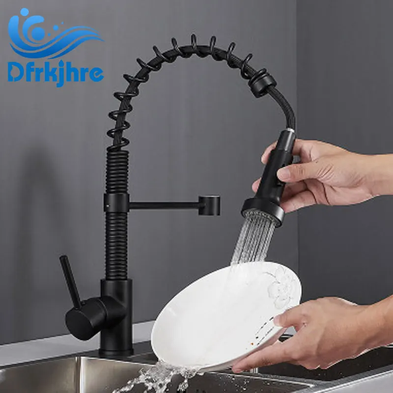 Dfrkjhre Kitchen Faucet Spring Pull Down Sink Pullable Black Chrome Rotatable Handheld Shower Mixer Tap Crane Faucet