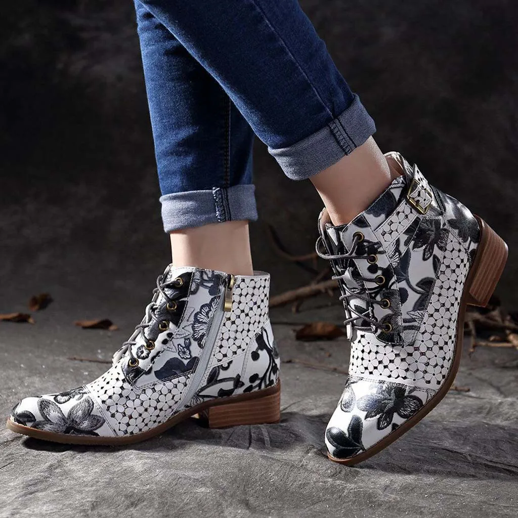 Женские ботинки; Модные ботильоны из телячьей кожи на шнуровке с цветочным узором; женская обувь; большие размеры - Цвет: GY