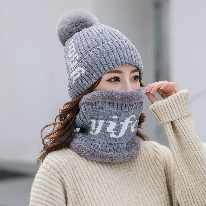 hat scarf grey Осенне-зимние Новые вязаные комплекты с воротником-шапочкой съемный для женщин с шерстяным шариком Шерстяная кепка-смесь шапка шарф теплый костюм из двух предметов головной убор - Цвет: hat scarf grey