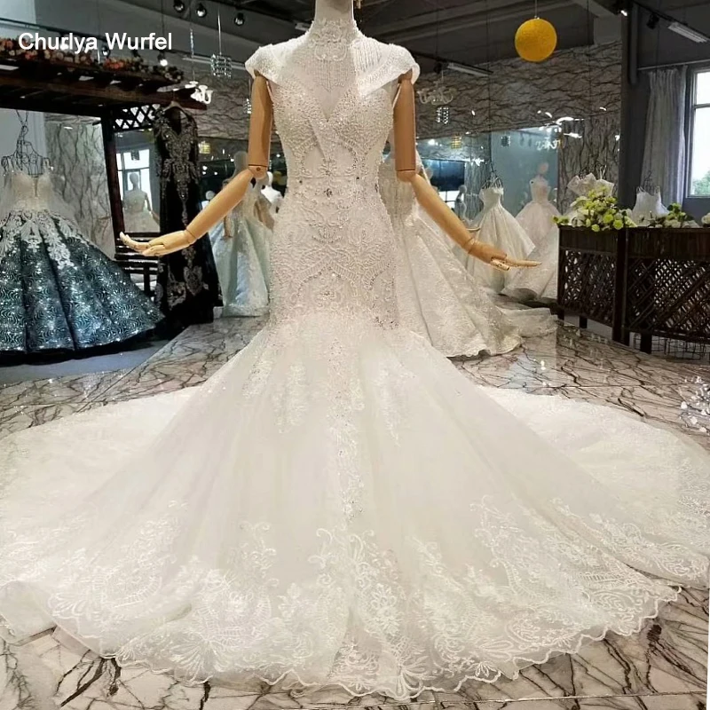 

LS314741 sexy mermaid wedding gown with collar chain deep v-neck cap sleeves trumpet wedding dress among 2018 best seller list