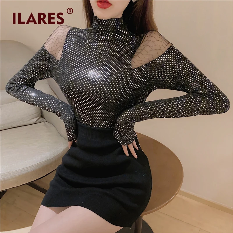 ILARES, женская футболка, прошитая, темпераментная, блестящая, высокий воротник, стрейч, нижняя, Сексуальная кружевная рубашка, с открытыми плечами, Женский Топ