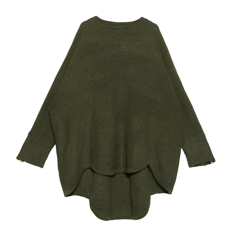 Army green SeeBeautiful Новая мода Осень Зима Простой Круглый вырез длинный рукав летучая мышь большой размер ассиметричный вязаный свитер для женщин Q474 - Цвет: Army green