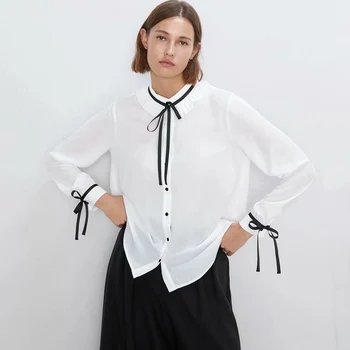 

ZA Women's Autumn Wild Lace White Shirt Top Long Sleeve Casual Lapel Simple Style Women's Loose Shirt Formal Wear Casual Match