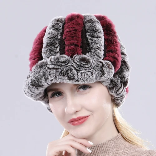 Горячая Распродажа! Женский Настоящий мех кролика, шапка, зимние вязаные шапки из натурального меха кролика Рекс, Россия, Женский помпон из натурального меха, шапки-бини - Цвет: coffee grape