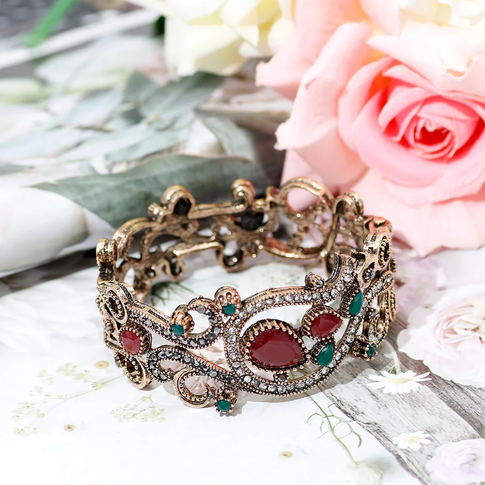 Sunspicems Vintage Turkish Flower Bangle Bohemia Women Bracelet Antique Gold Color Resin Bride Bracelet Wedding Jewelry Gift bangle bracelet