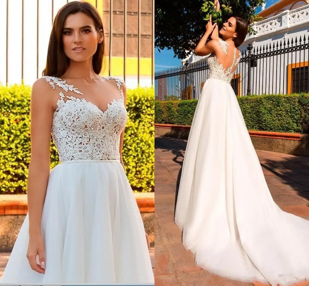 

Новинка, Пляжное свадебное платье в стиле бохо, 2020, кружевные свадебные платья с аппликацией, свадебные платья с драгоценным вырезом и закрытыми пуговицами, фатиновое свадебное платье для приема