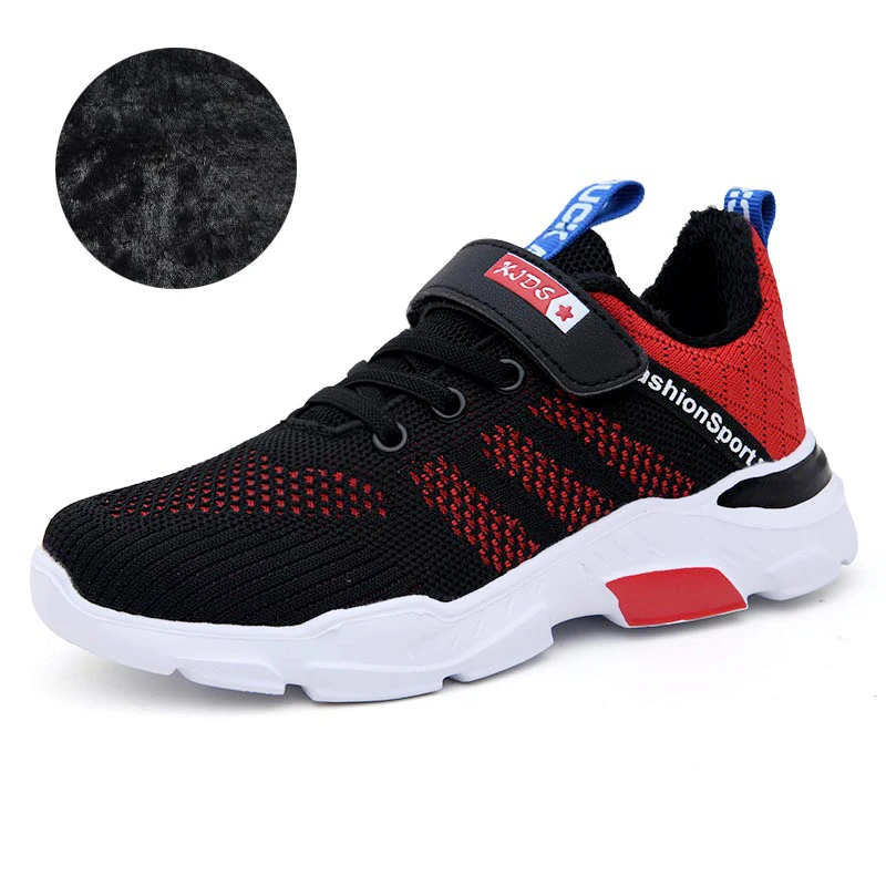 Black Red Fur HOBIBEAR мальчик спортивные ботинки для девушек сетчатые Дышащие Детские кроссовки с мехом кроссовки для девочек светильник спортивная обувь для мальчиков - Цвет: Black Red Fur