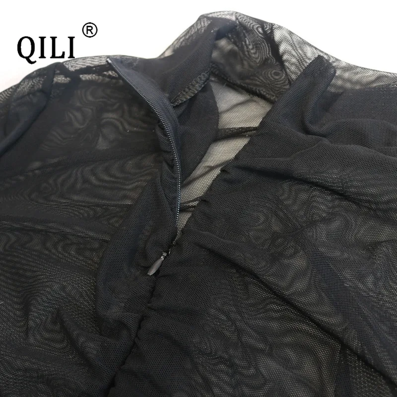 QILI, сексуальные черные сетчатые Комбинезоны для женщин, комбинезон для ночного клуба, прозрачные сетчатые плиссированные комбинезоны в обтяжку с длинным рукавом