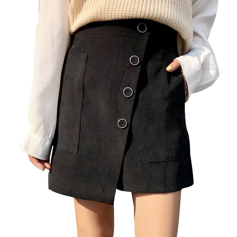 

Autumn New Style Korean-style College Style Oblique Buckle Front Patch Pocket Black And White with Pattern High Waist Skirt A- l