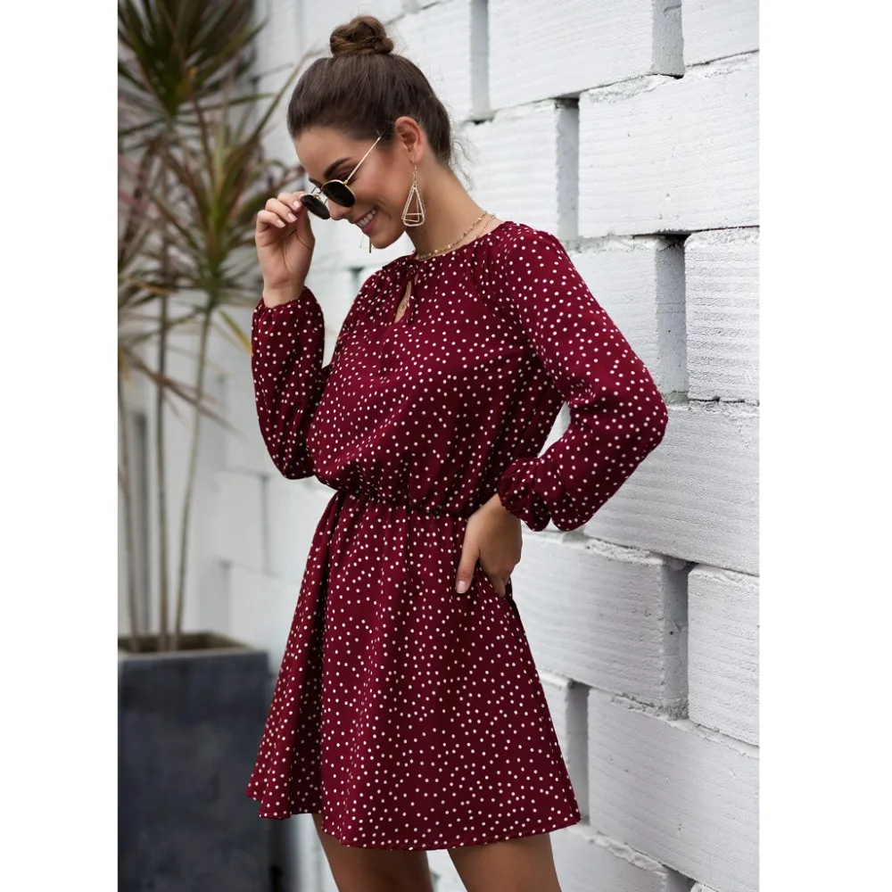 Boho style женское платье с принтом в горошек, с открытой шеей, с пятнистым поясом, с длинным рукавом, средней длины, для женщин, Осеннее сексуальное элегантное платье с круглым вырезом