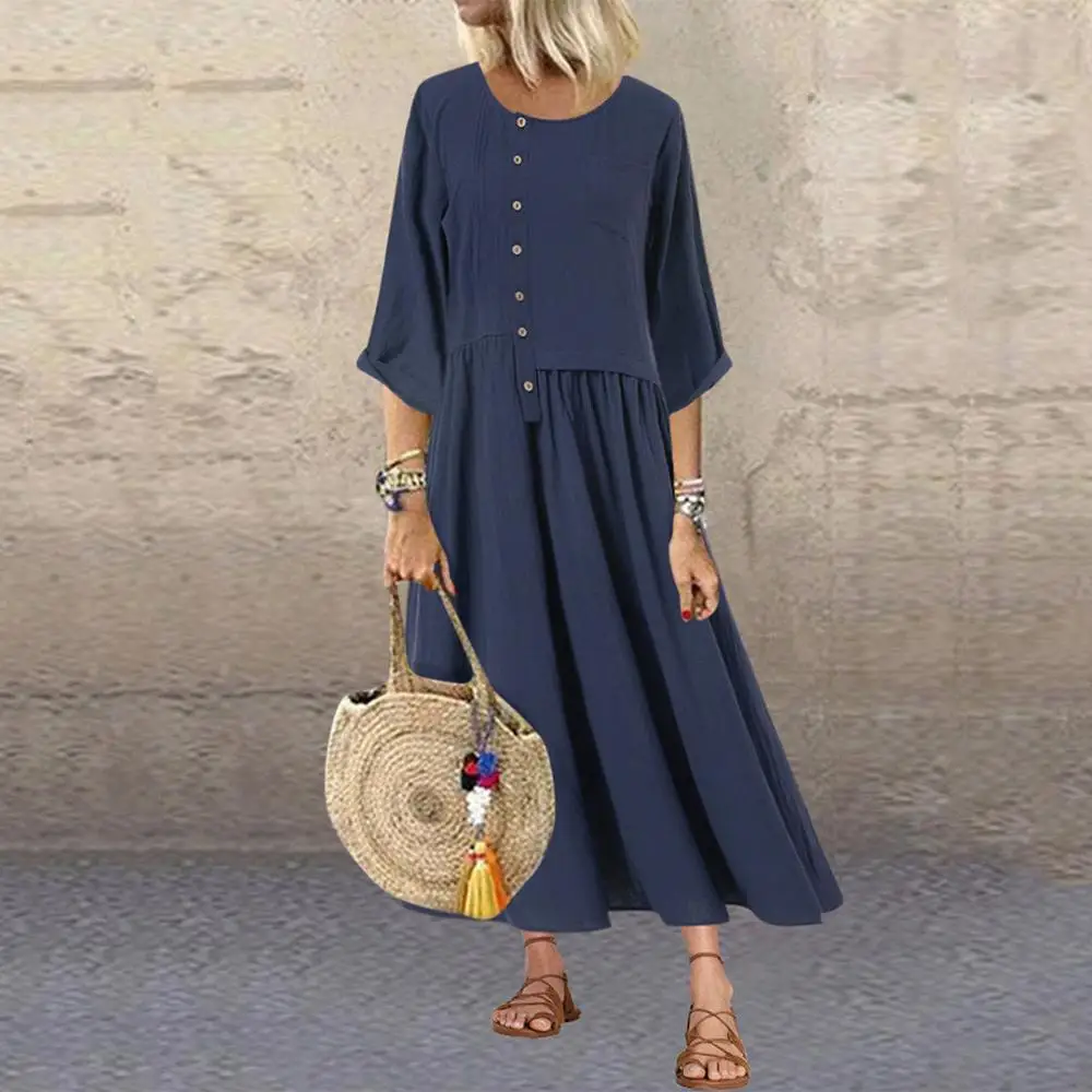 

Women Dress Autumn 3/4 Sleeve O-neck Solid Loose Single-Row Button Fold Ladies Charm Long Maxi Dress Robe Femme #2B27