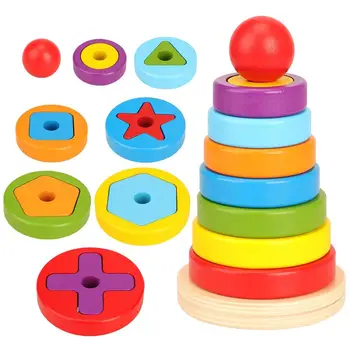 

Baby Kids Wooden Rainbow Ring Geometric Building Blocks Stacking Game Toy Children Early Educational Toys